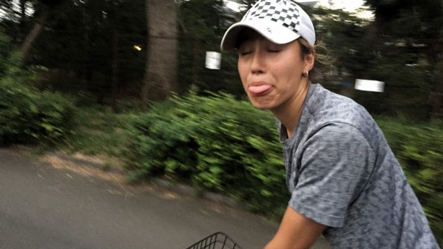 Pearl sticking her tongue out.