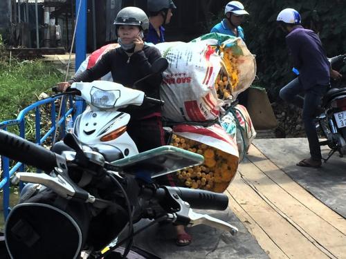 woman on motorcycle loaded with flowers