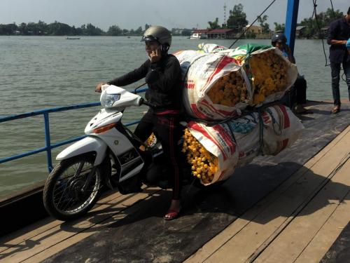 woman on motorcycle loaded with flowers